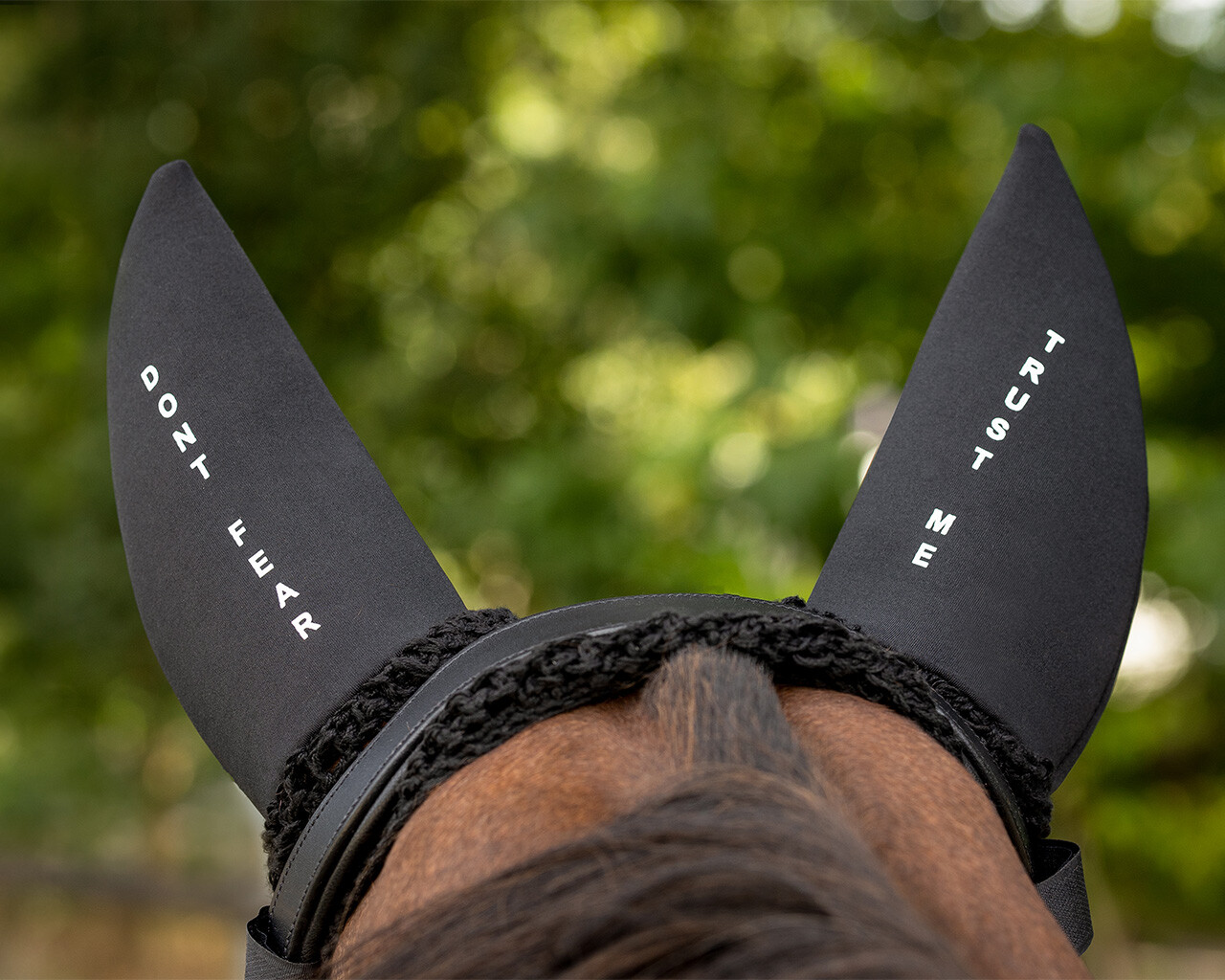 Orelheiras QHP 'Don't Fear, Trust Me' Touca preta para cavalo com orelhas pontiagudas e inscrições brancas
