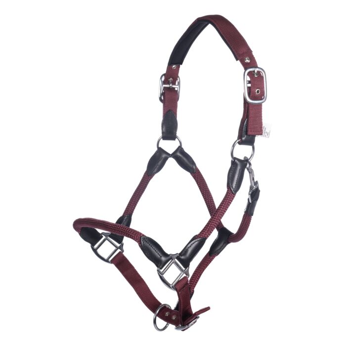 Cabeção HKM Carlotta Cabresto para cavalo em nylon bordô com couro preto e fivelas metálicas
