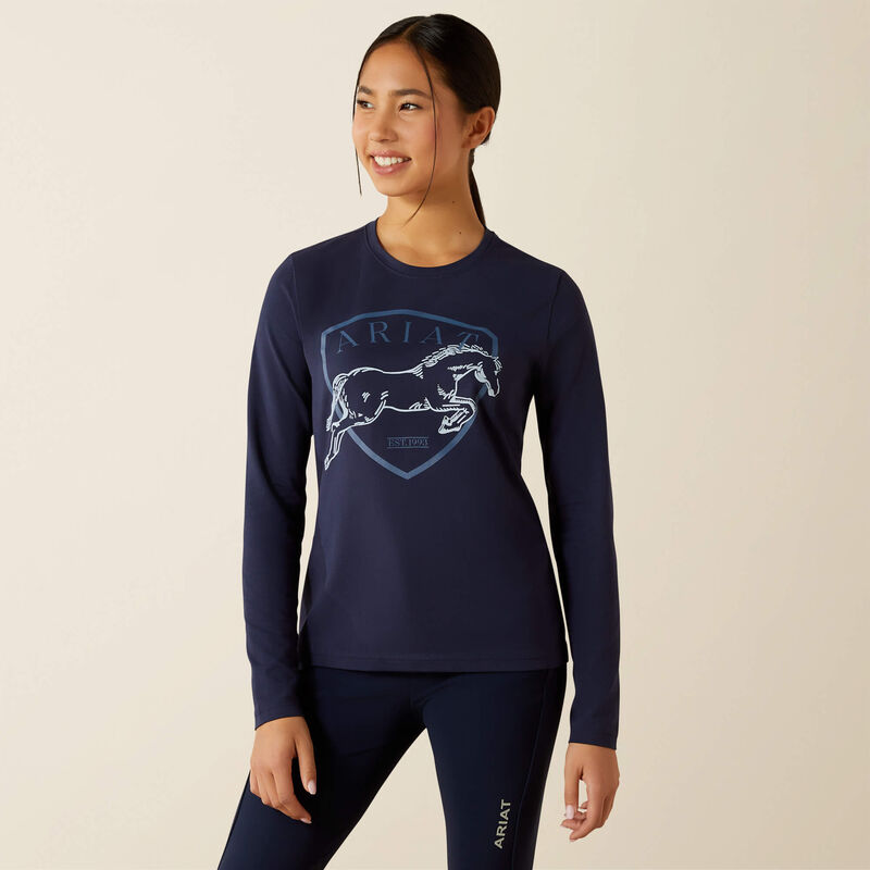 T-Shirt de Criança ARIAT Liberty Jump Sweatshirt azul escuro com estampado de cavalo e texto ARIAT
