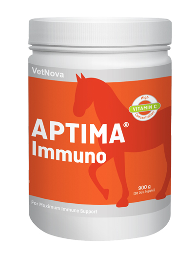 Suplemento Aptima Immuno VETNOVA Pote de suplemento VetNova APTIMA Immuno para cavalos com rótulo laranja e branco