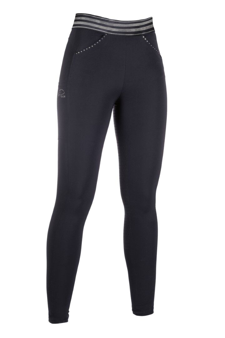 Leggings HKM "Pull On" Full Seat Leggings pretas com cintura elástica riscada cinza e branca e detalhes brancos