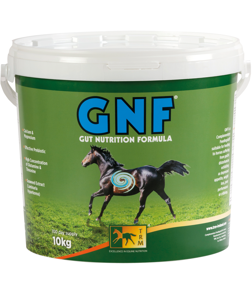 Suplemento TRM GNF Balde verde com tampa branca de suplemento alimentar para cavalos com imagem de cavalo.