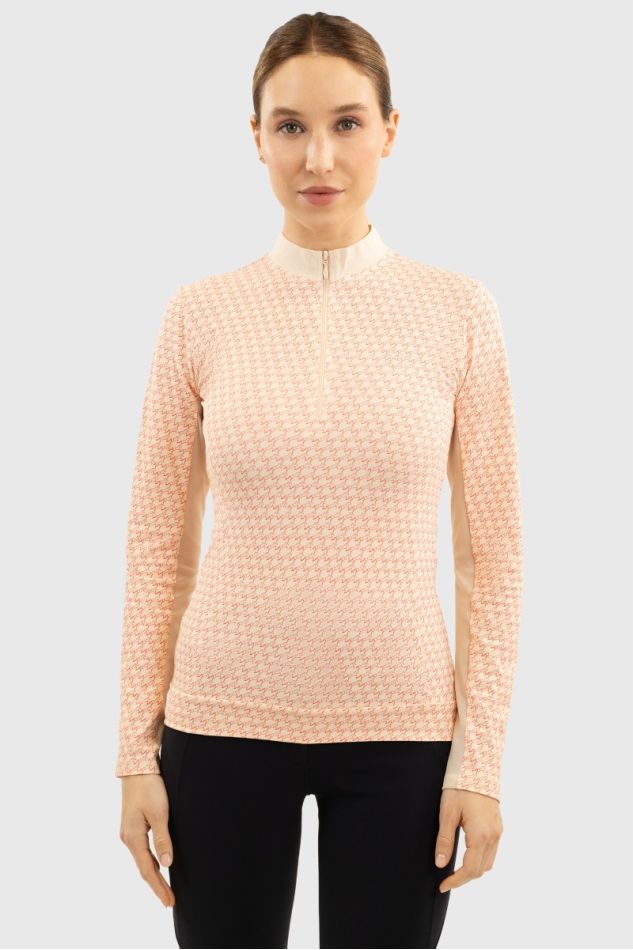 Camisola Técnica HARCOUR 'Tess' T-shirt feminina de manga comprida bege e rosa com padrão geométrico e gola alta com fecho