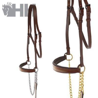 Cabeçada de cabedal castanha com ferragens metálicas em fundo branco