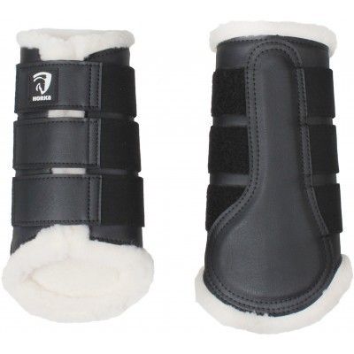 Botas de proteção pretas para cavalos com interior branco felpudo e tiras adesivas