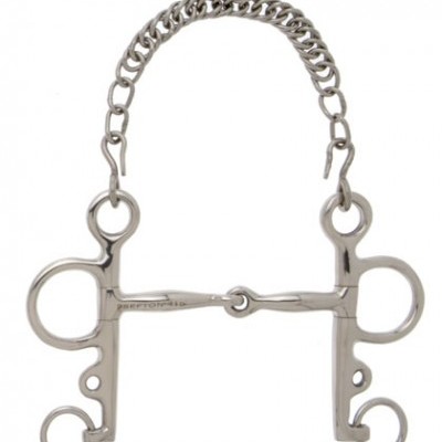 Bridão metálico prateado com corrente e argolas para equitação