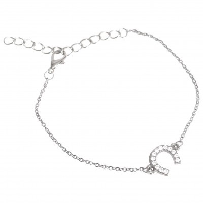 Pulseira fina em prata com pendente de ferradura com pedras brilhantes