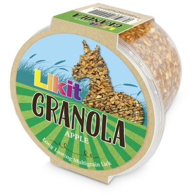 Pacote de granola para animais Likit GRANOLA APPLE em embalagem transparente com rótulo azul e verde