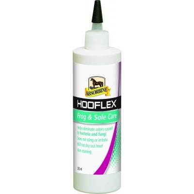 Frasco de plástico branco com tampa preta e rótulo colorido HOOFLEX Frog & Sole Care