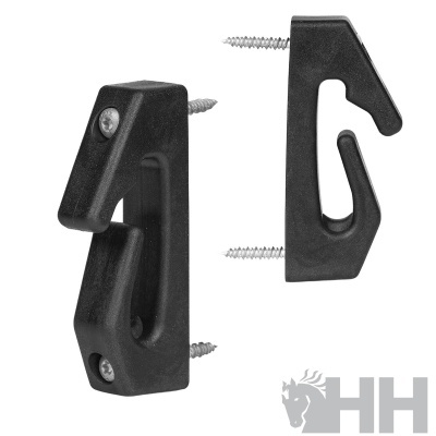 Gancho para cerca preto com parafusos metálicos visíveis