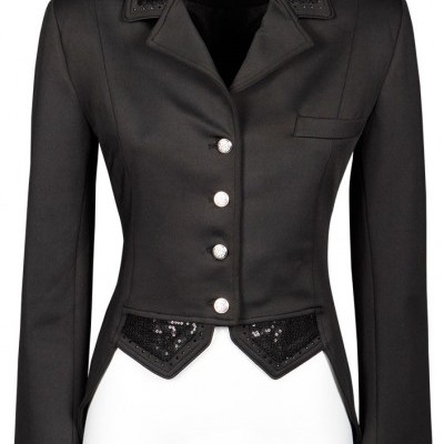 Blazer feminino preto com botões prateados e detalhes de lantejoulas