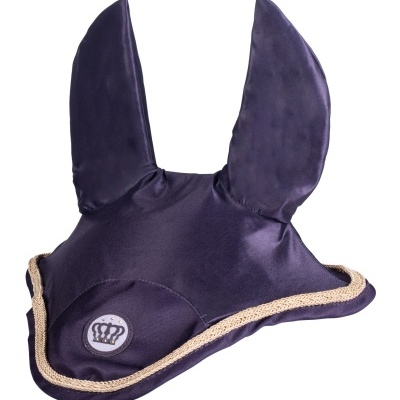 Capa de orelhas azul escuro para cavalo com borda bege e brasão com coroa
