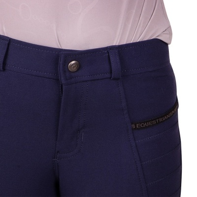 Calças de equitação azul-marinho com detalhes em preto e botão metálico