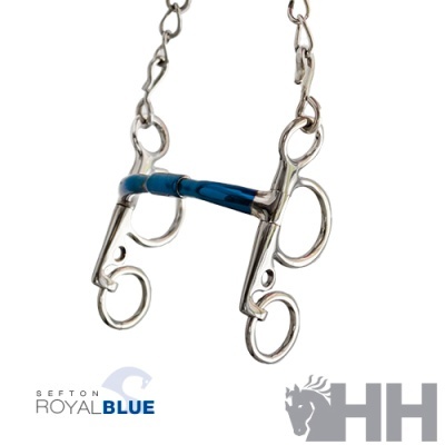 Freio de cavalo metálico com barra azul e corrente
