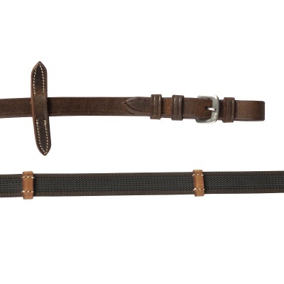 Cinto de couro castanho com fivela metálica e correia preta com detalhes em couro