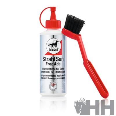Produto de cuidado para cascos de cavalos Leovet Strahl San Frog Ade com escova vermelha e preta