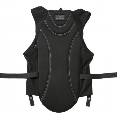 Colete protector preto com costuras brancas e faixas ajustáveis