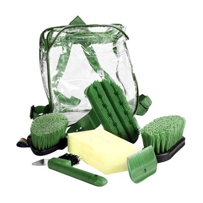 Mochila transparente com acessórios de limpeza verdes