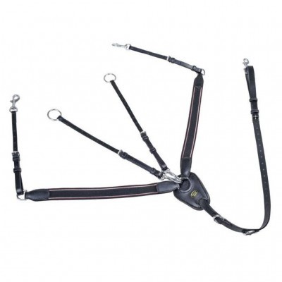 Peitoral de cavalo em couro preto com tiras ajustáveis e engates metálicos