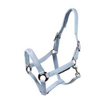 Cabresto para cavalo azul claro com fivelas metálicas prateadas