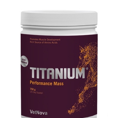 Embalagem de suplemento Performance Mass da VetNova com rótulo roxo e detalhes amarelos