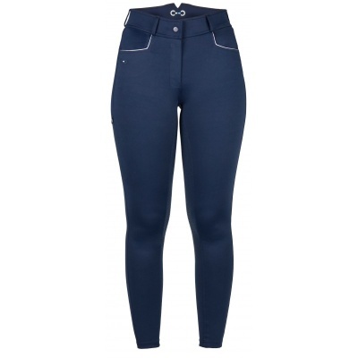 Calças justas femininas azul-escuro com cintura alta e detalhes brancos