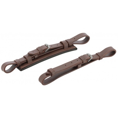 par de alças ajustáveis de couro castanho com fivela metálica