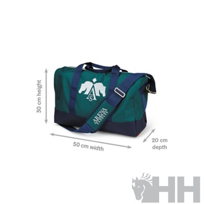 Mala de viagem azul e verde com alças e texto ARENA