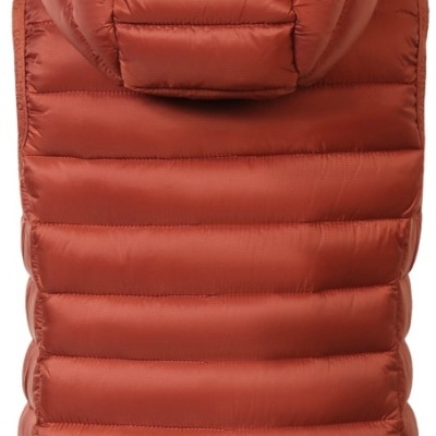 Colete acolchoado laranja com capuz visto de trás