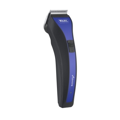 Máquina de cortar cabelo eléctrica WAHL com corpo preto e azul e lâmina metálica