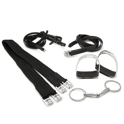 Conjunto de acessórios para equitação com estribos, rédeas, cintas e freio