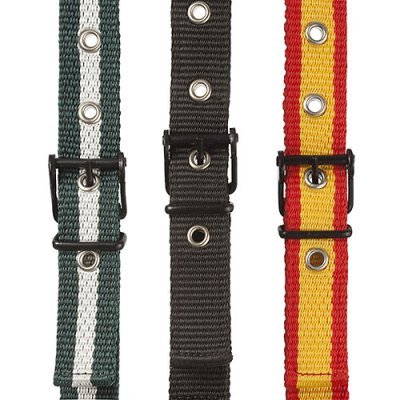 Três pulseiras de tecido para relógio em verde/listra branca, preto e amarelo/listra vermelha