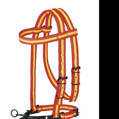 peitoral para cão em nylon vermelho e amarelo com fivelas e argolas pretas