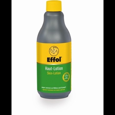 Frasco de loção Effol com tampa amarela e rótulo amarelo e verde