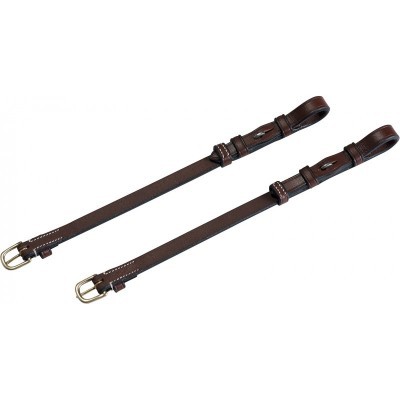 Par de rédeas castanhas de couro com fivelas douradas e costuras brancas