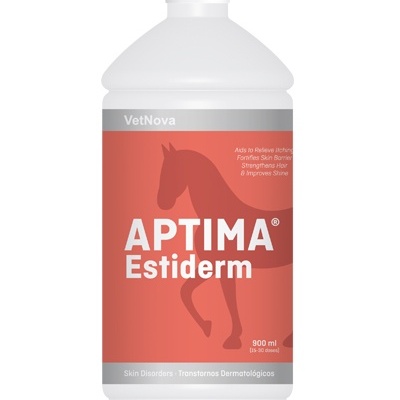 Frasco branco com rótulo vermelho e cinza do produto Aptima Estiderm para cuidados da pele