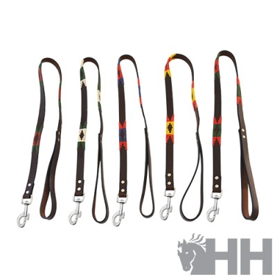 Seis trelas para cães de couro castanho com desenhos coloridos e mola metálica