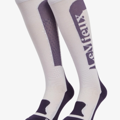 Meias compridas desportivas brancas e roxas com texto Jewellex