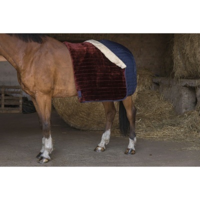 Cobertor para cavalo azul escuro e vermelho vinho com interior branco em estábulo