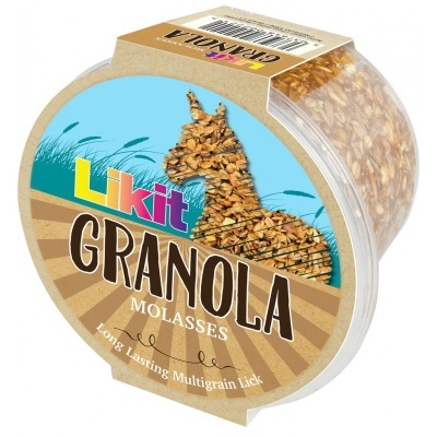Embalagem redonda de granola 'Likit Granola Molasses' com desenho de cavalo e texto promocional