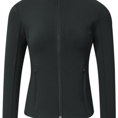 Casaco feminino preto com fecho de correr frontal e gola alta