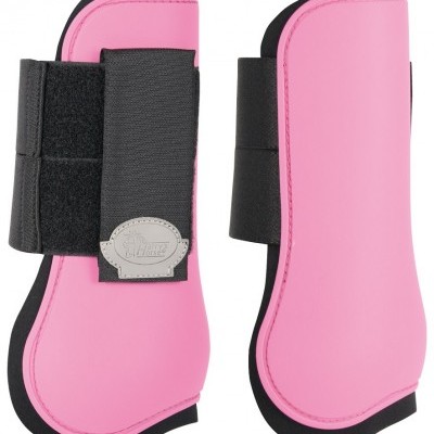 Conjunto de proteções para equitação rosa com bandas elásticas pretas e etiqueta metálica