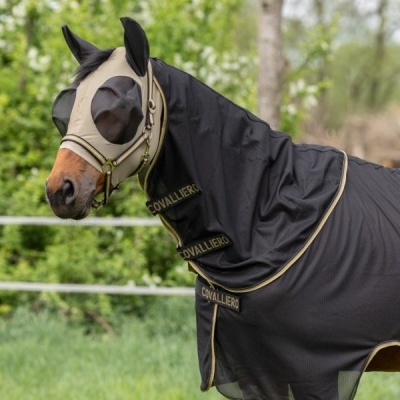 Cavalo com máscara e capuz preto e bege com letras COVALLIERO numa área exterior
