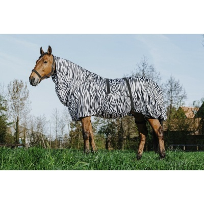 Cavalo com cobertor padronizado em riscas preto e branco