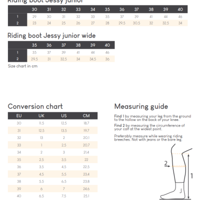 Tabela de tamanhos para botins de equitação Jessy junior e wide com guia de medição.