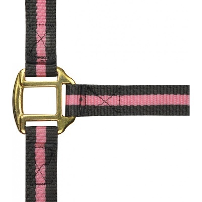 Alça preta e rosa com fivela dourada quadrada e costuras reforçadas