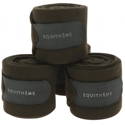 Conjunto de três bandagens de equitação castanho escuro com fecho em velcro cinzento e logo EQUITHÈME