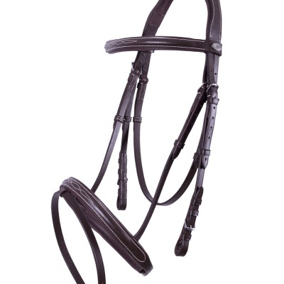 Freio de cavalo em couro castanho escuro com costuras brancas