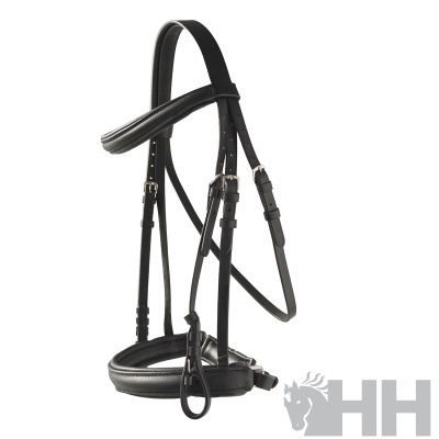 Arnês de couro preto para equitação com fivelas metálicas