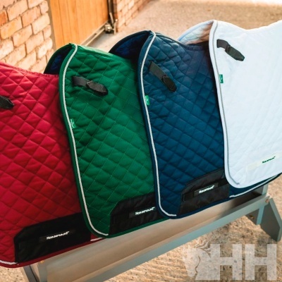 Quatro mantas para cavalo acolchoadas em várias cores alinhadas num suporte